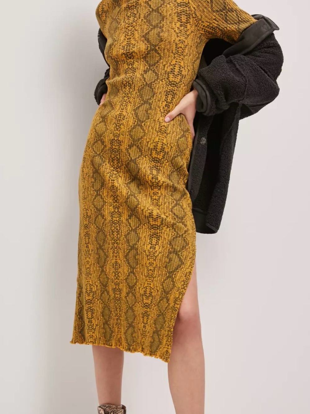 T.La Anthropologie NWT Snakeskin Ribbed Midi Dress Mustard 100% Cotton Small